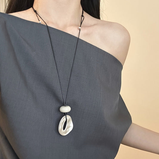 Irregular matte openwork oval pendant long necklace