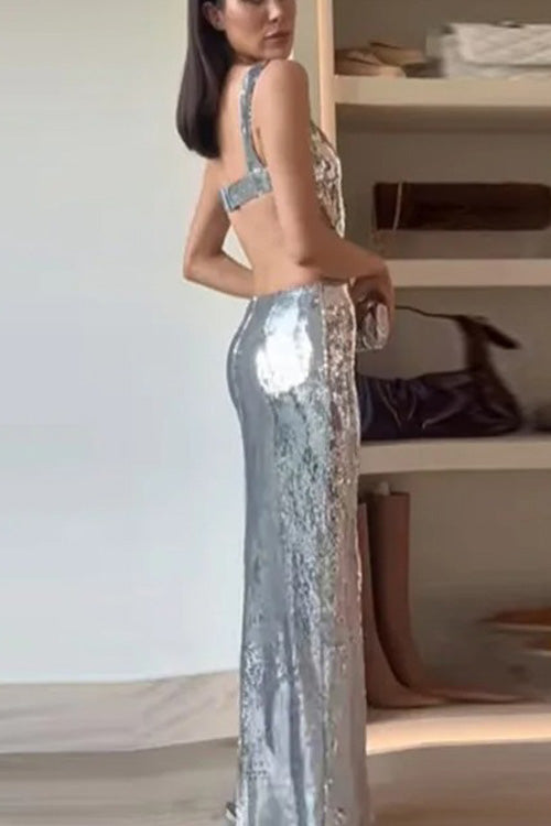 Spaghetti Strap Backless Sequined Maxi Dress
