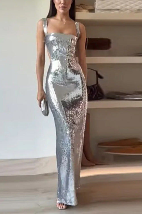 Spaghetti Strap Backless Sequined Maxi Dress