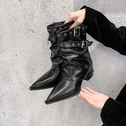 Pointed toe chunky heel retro Martin boots