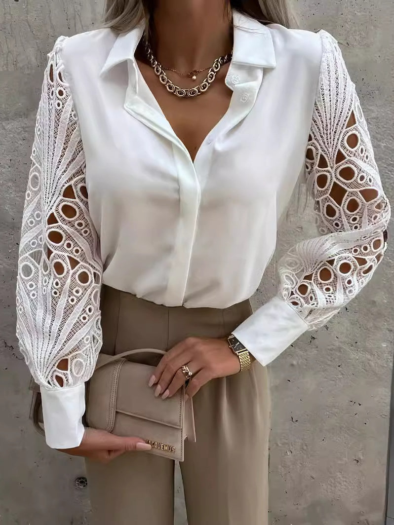 Women's solid color lace patchwork shirt