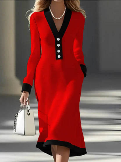 Elegant color-blocked V-neck midi dress for commuting