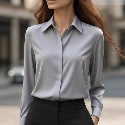 Solid color long-sleeved versatile shirt with lapel satin shirt