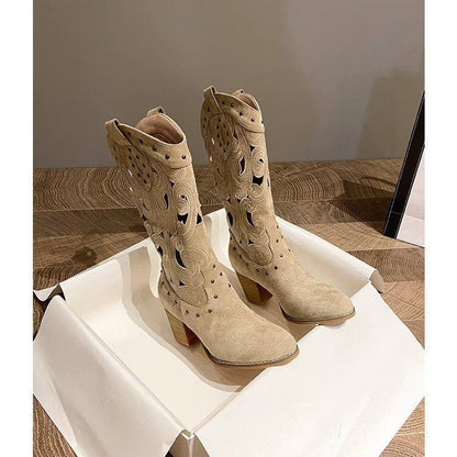 Suede chunky heel embroidered openwork Western boots