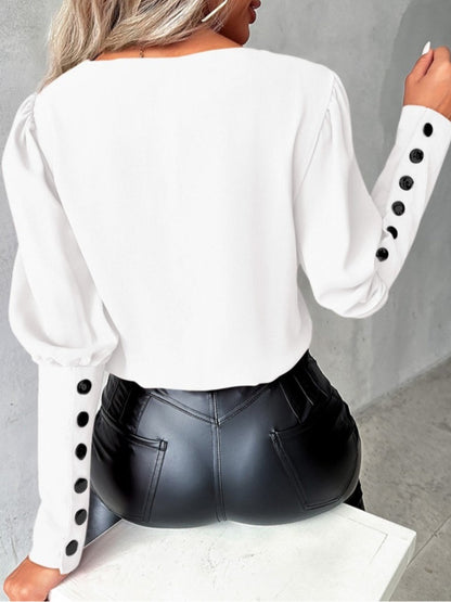 Autumn Fashion V-neck Solid Color Long Sleeve Button-up Shirt