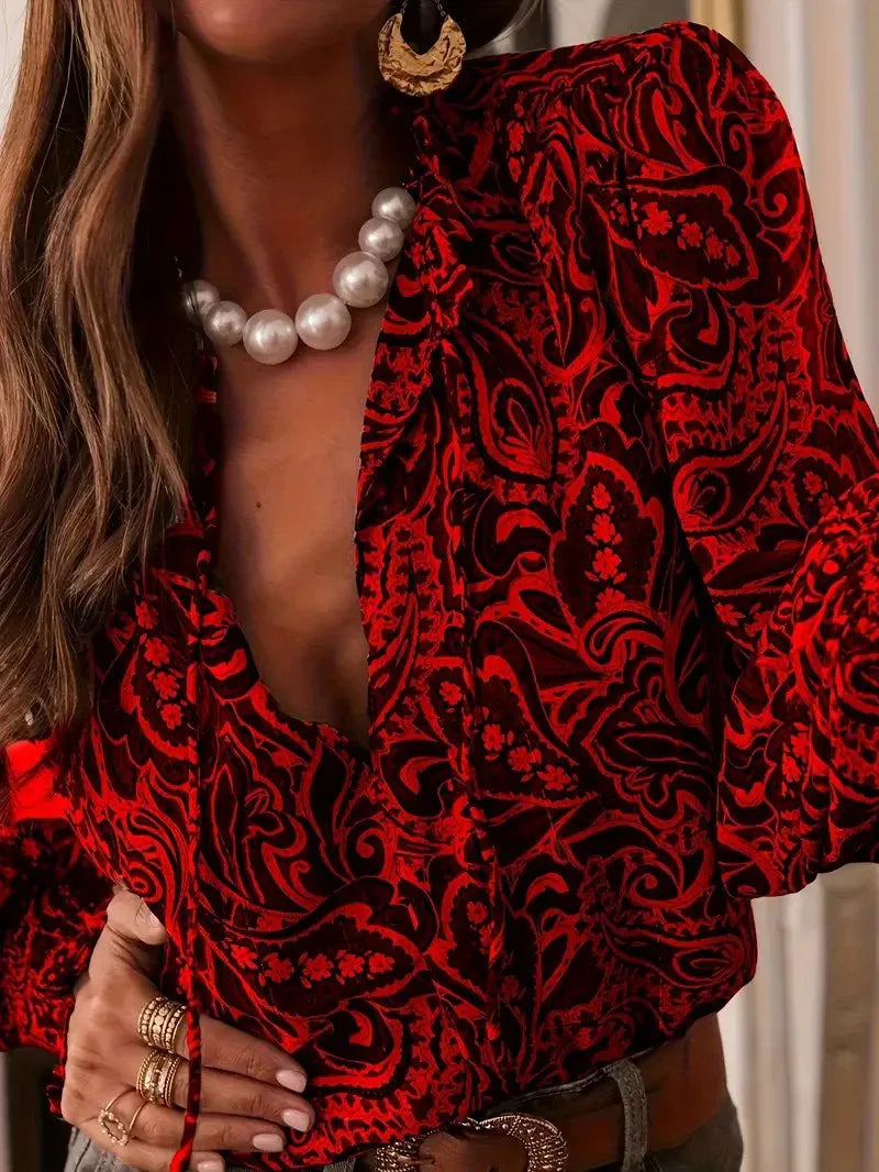 Retro Print Long Sleeve Loose-fitting Shirt for Women - NuaVibe