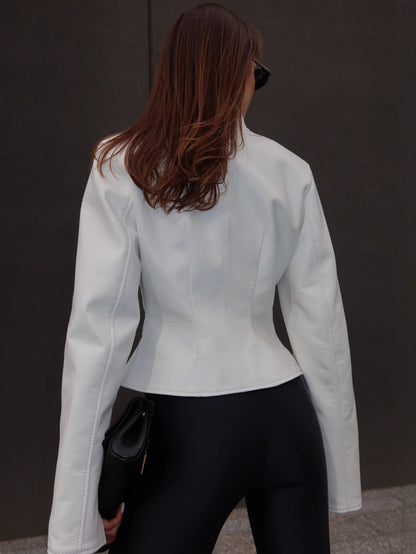 Stand collar long sleeve leather solid color short jacket