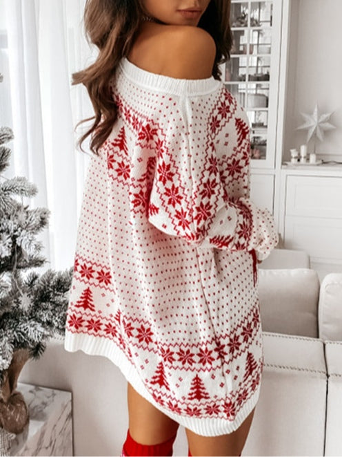 Women's Christmas Jacquard Loose Knit Long-Sleeved Dress