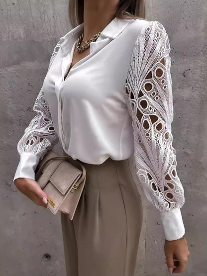 Women's solid color lace patchwork shirt