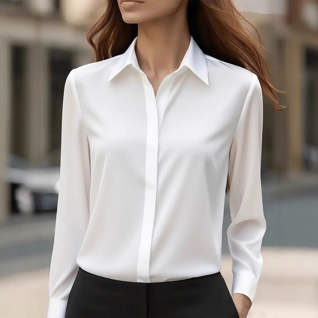 Solid color long-sleeved versatile shirt with lapel satin shirt