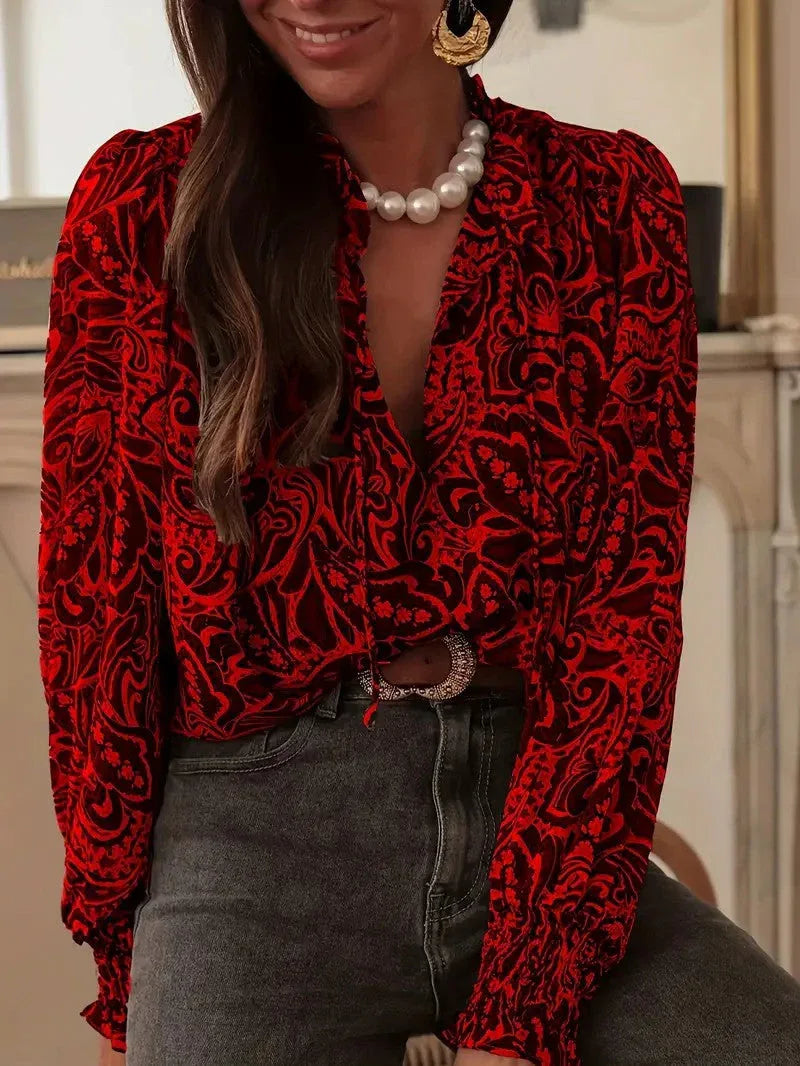 Retro Print Long Sleeve Loose-fitting Shirt for Women - NuaVibe