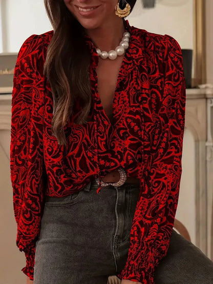 Retro Print Long Sleeve Loose-fitting Shirt for Women - NuaVibe