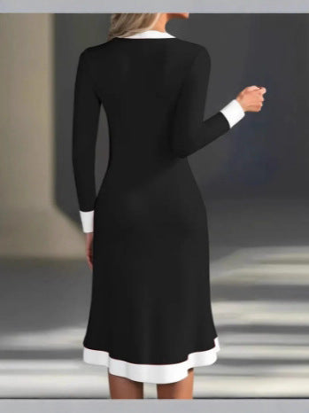 Elegant color-blocked V-neck midi dress for commuting