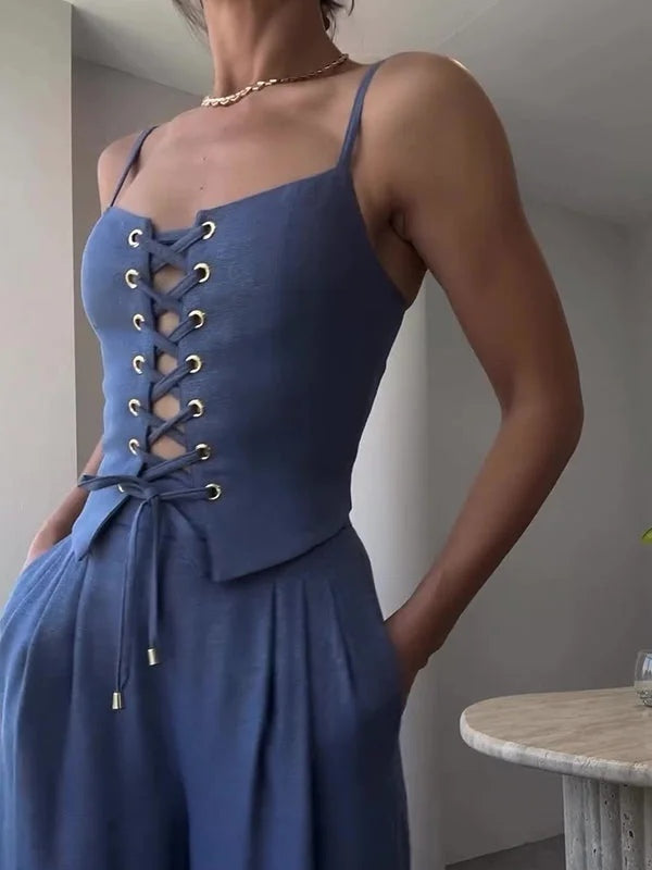 Linen Blend Tie Front Camisole Two-Piece Set