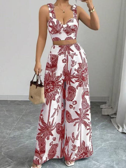 Printed V-neck top + loose wide-leg pants set