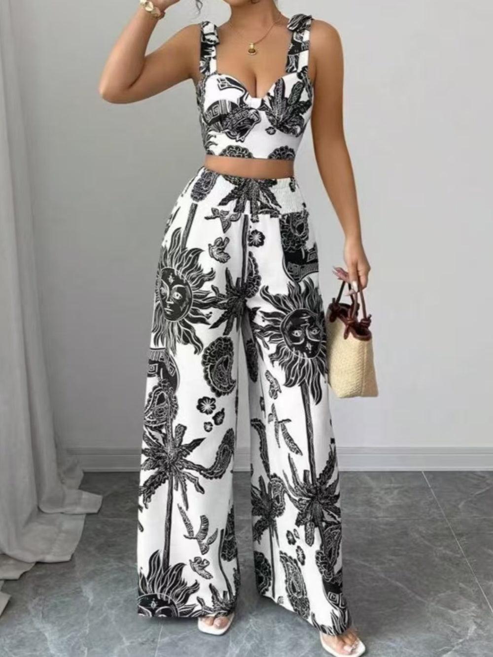 Printed V-neck top + loose wide-leg pants set