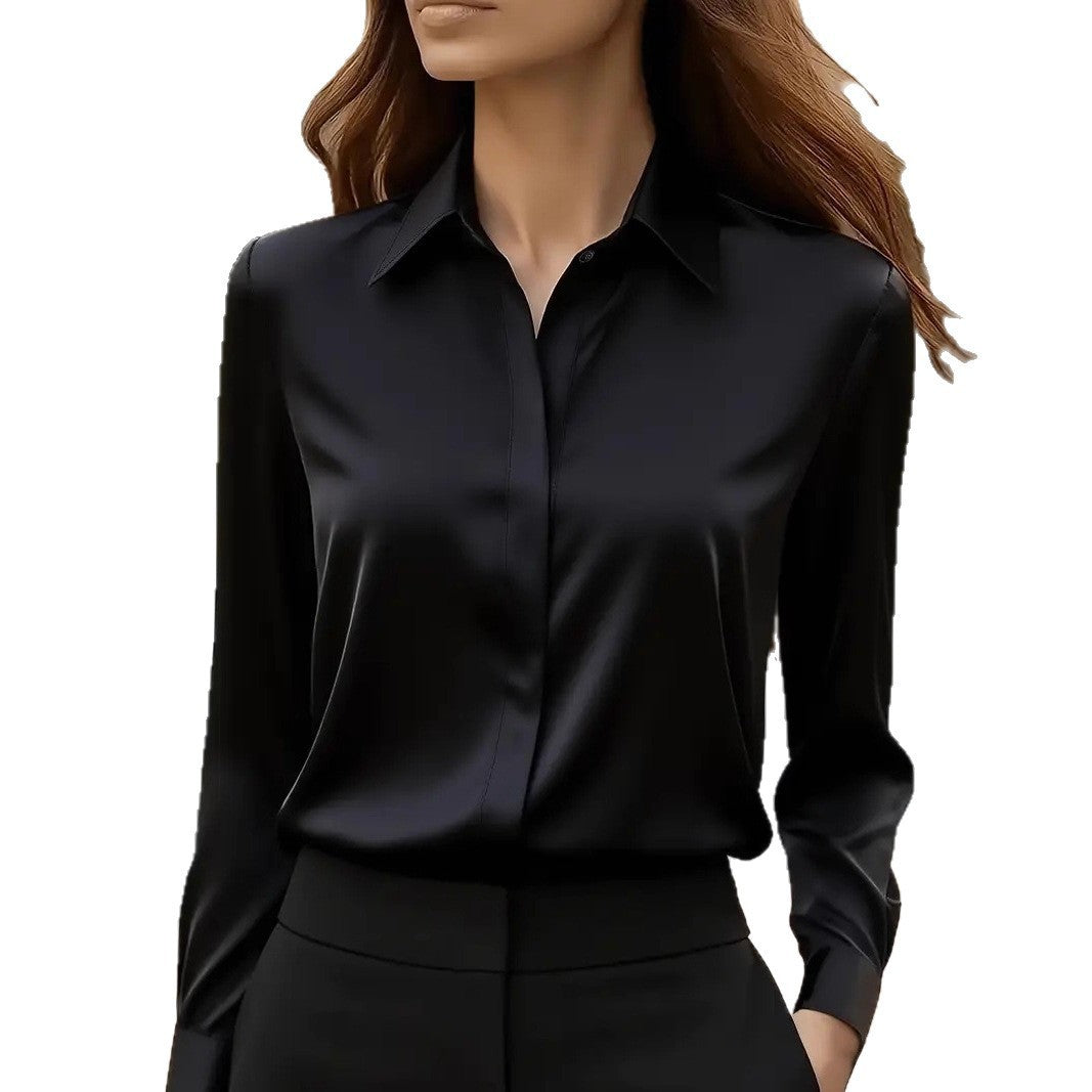Solid color long-sleeved versatile shirt with lapel satin shirt