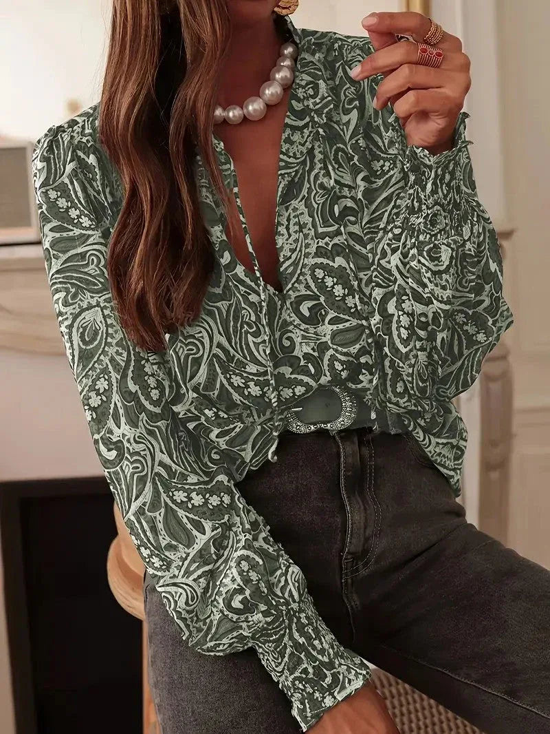 Retro Print Long Sleeve Loose-fitting Shirt for Women - NuaVibe