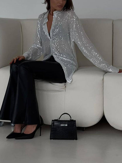 Stylish Sequined Collared Long-sleeved Shirt