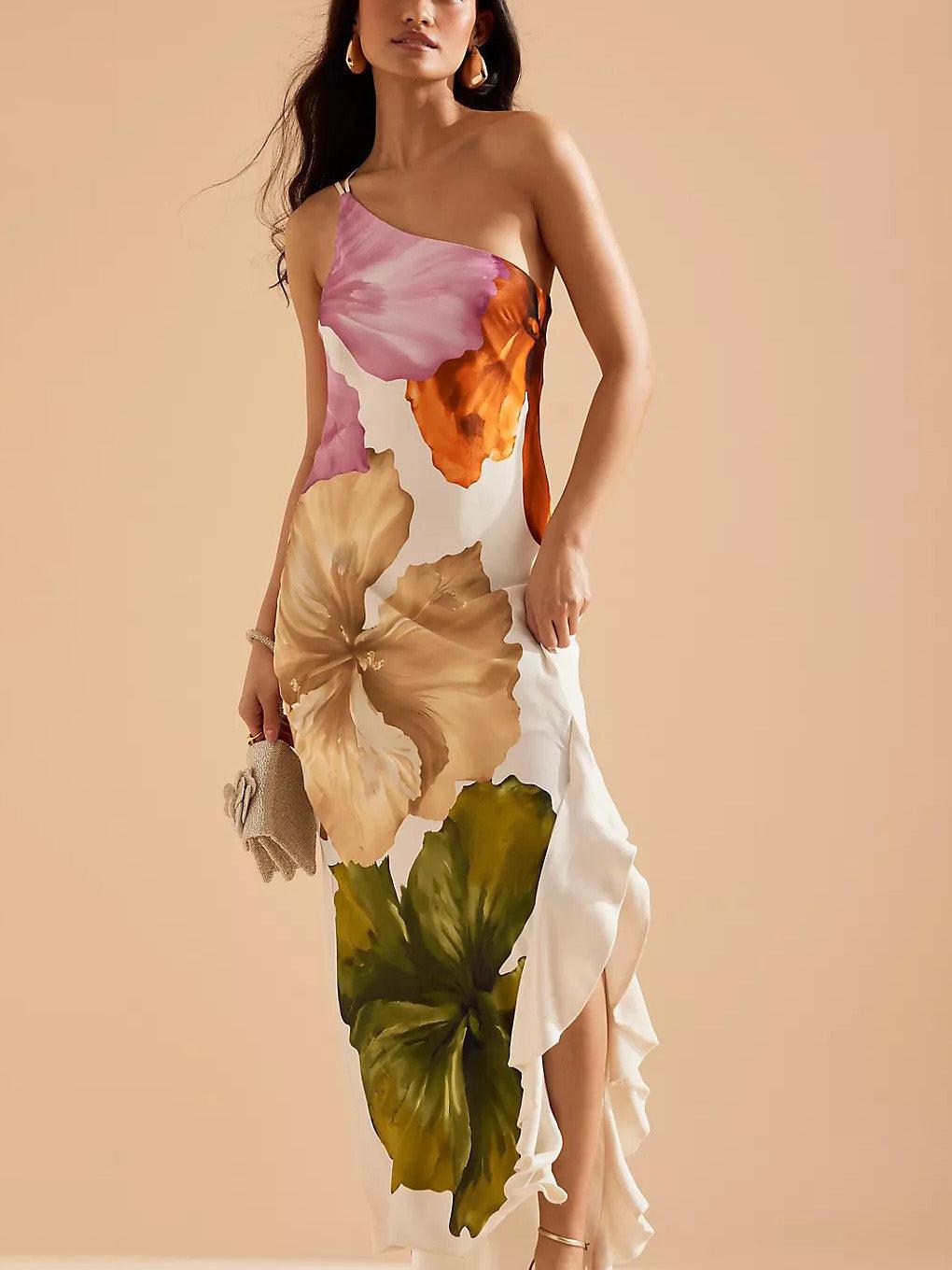 Elegant Exquisite Floral Print One-shoulder Maxi Dress