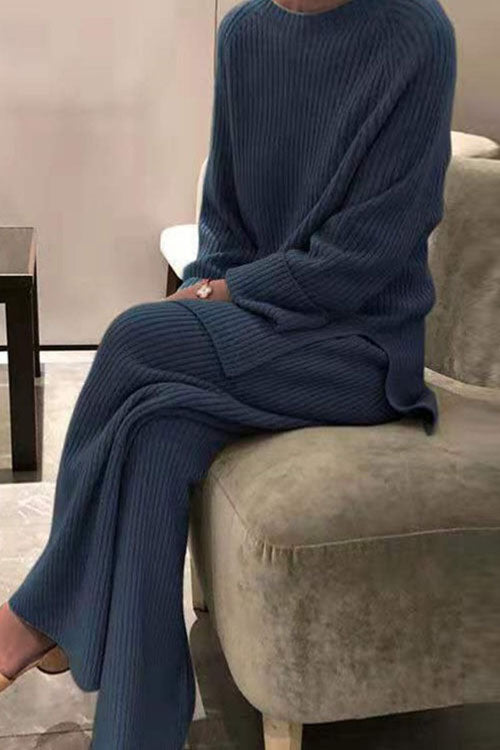 Long-sleeved solid color knitted casual sweater two-piece