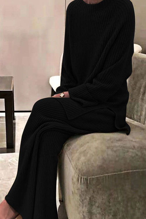 Long-sleeved solid color knitted casual sweater two-piece