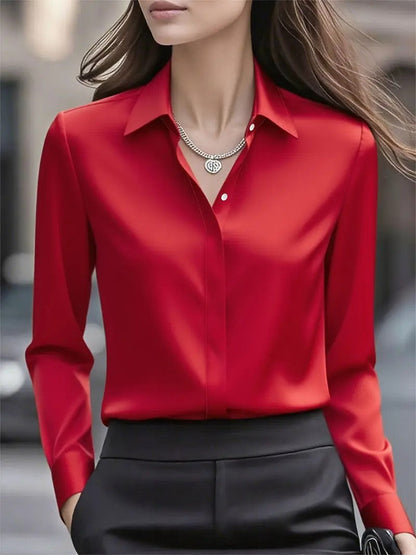 Solid color long-sleeved versatile shirt with lapel satin shirt