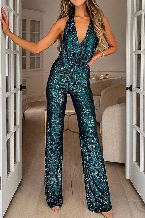 Halter neck sequin party jumpsuit - NuaVibe