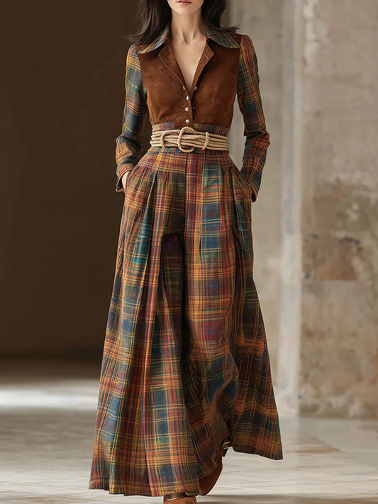 Retro-style brown-red plaid print patchwork faux suede maxi dress (including belt)