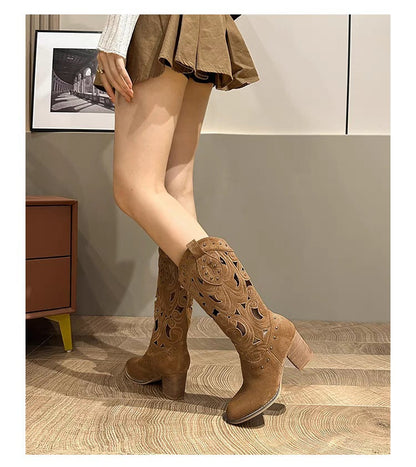 Suede chunky heel embroidered openwork Western boots