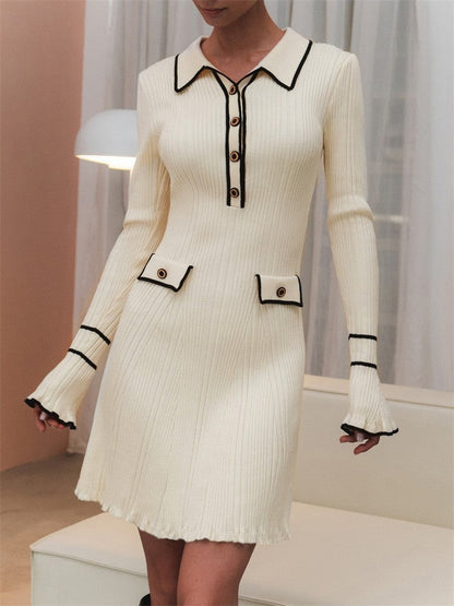 Contrast color Chanel style knitted elegant mini dress