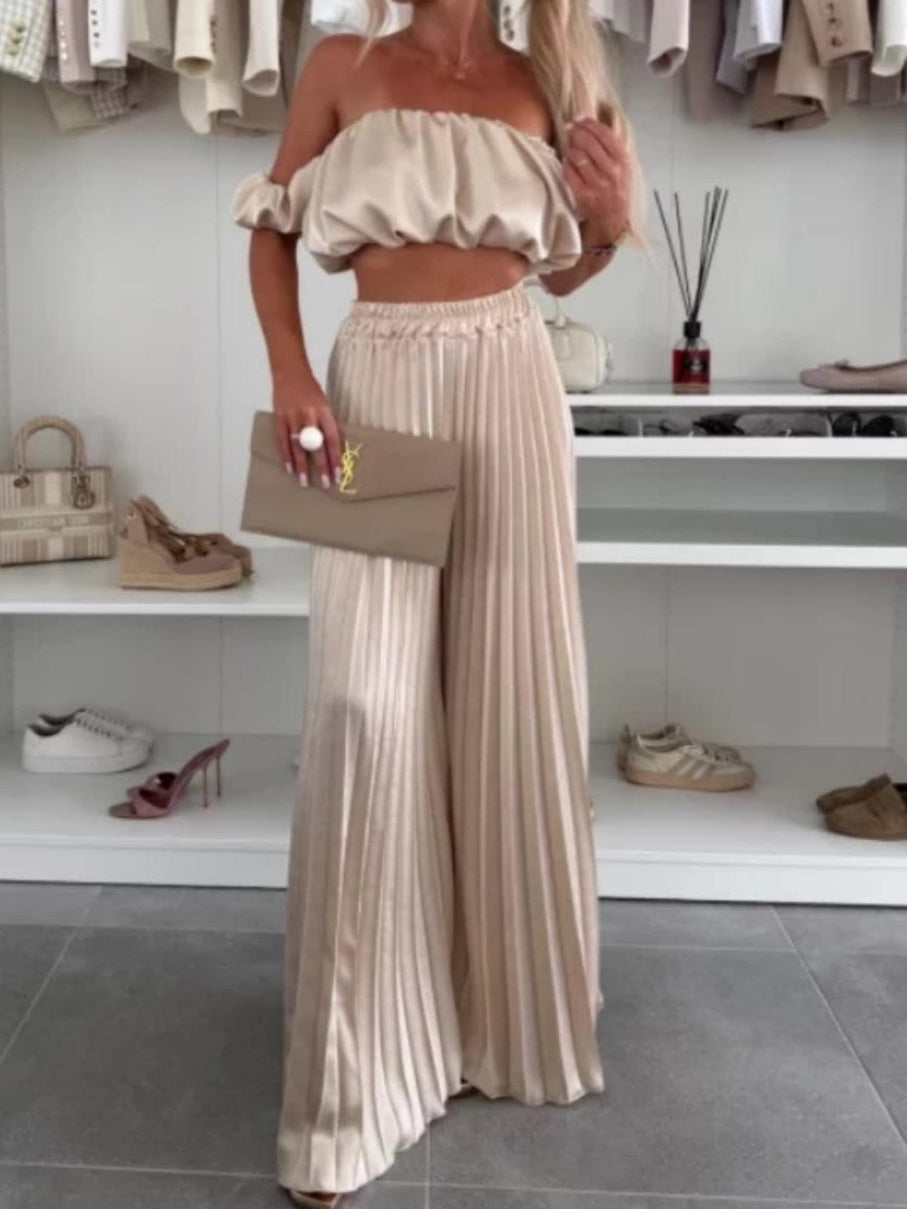 Solid color tube top pleated trousers suit