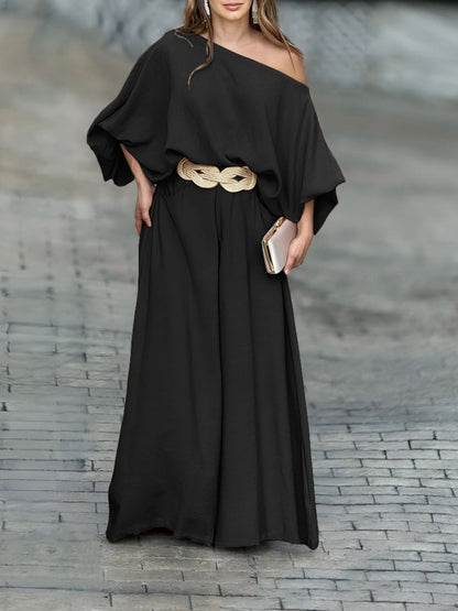 Off-shoulder lantern sleeve loose top and pants set