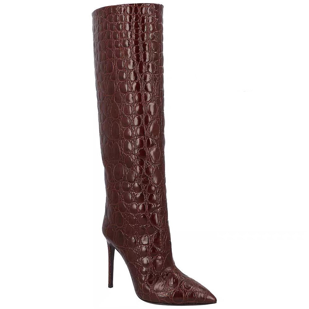 Snake-print high-heeled pointed-toe straight-leg boots