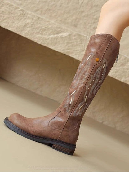 Brown embroidered back zipper long boots
