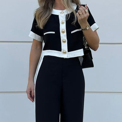 Stylish Casual Short Top & Straight-Leg Pants Two-Piece Set