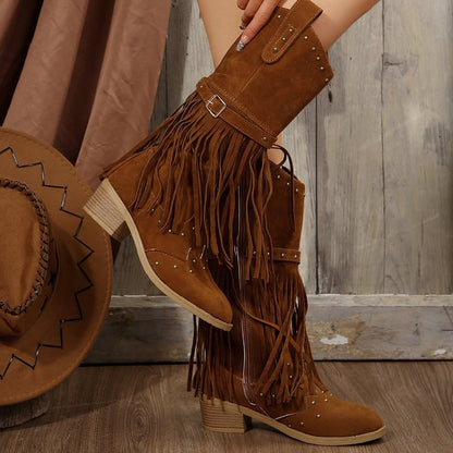 Retro tassel rivet belt knight boots