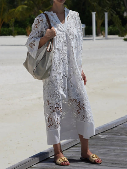 V-neck lace white loose dress