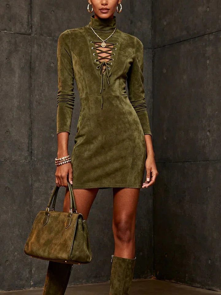 Olive Lace-Up Faux Suede Turtleneck Mini Dress - NuaVibe