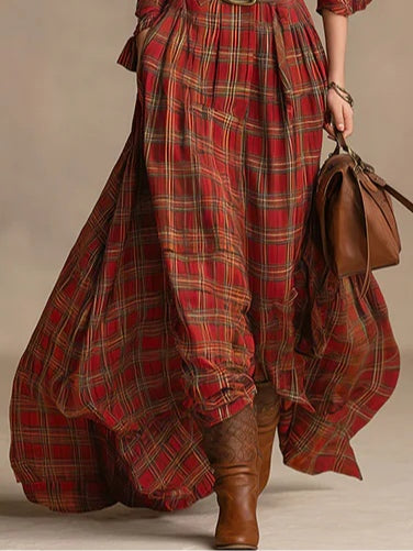 Lapel Long Sleeves Button Up Plaid Maxi Shirt Dress（Includes belt）