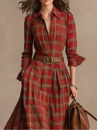 Lapel Long Sleeves Button Up Plaid Maxi Shirt Dress（Includes belt）