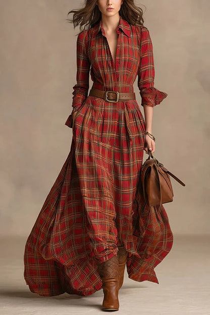 Lapel Long Sleeves Button Up Plaid Maxi Shirt Dress（Includes belt）