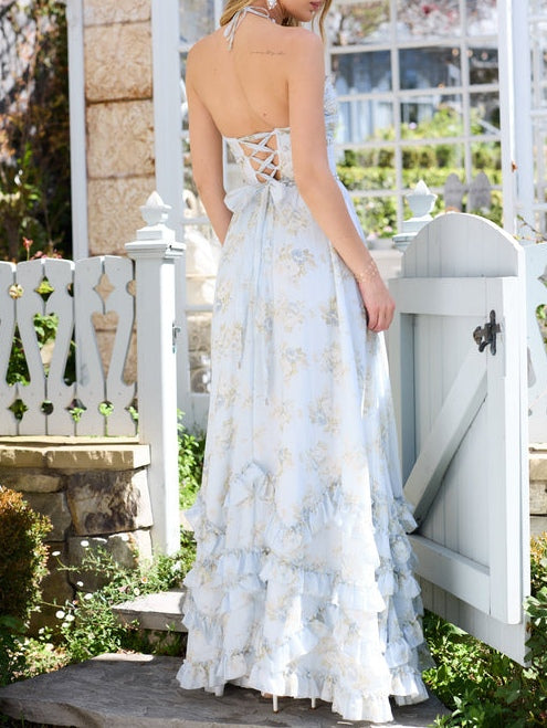 Floral Faux Pearl Frill Split Maxi Dress