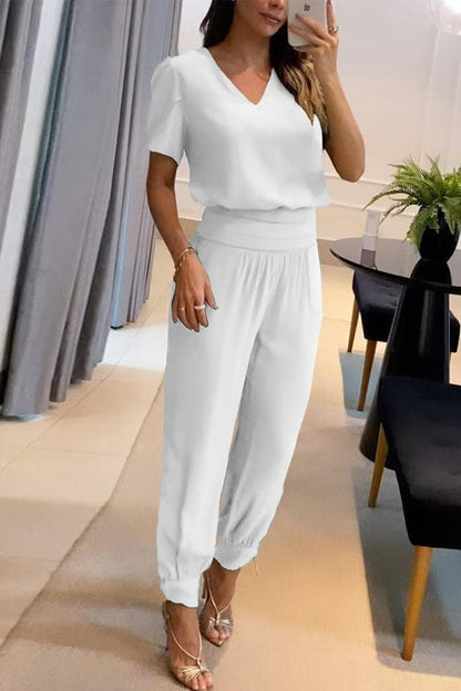 Casual V-Neck Printed Short Sleeve Long Pants Two-Piece Set