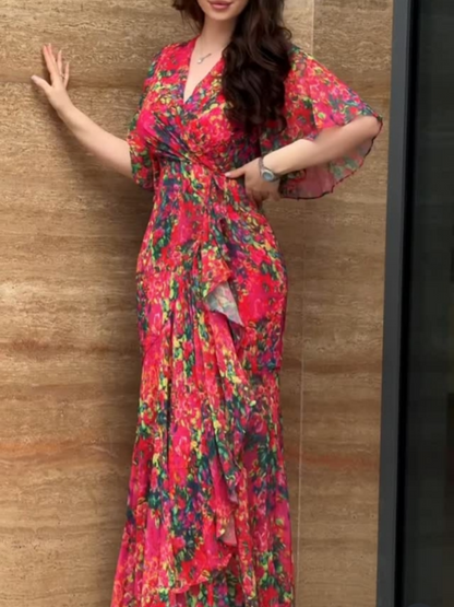 V-neck chiffon print dress with large sleeves