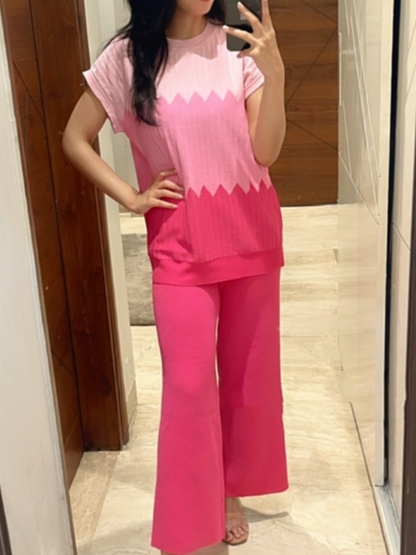 Contrast color crew neck sweater wide leg pants suit