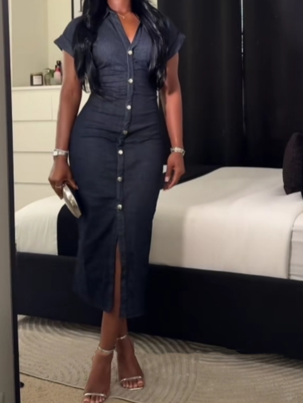 Elegant single-breasted slim-fit denim dress