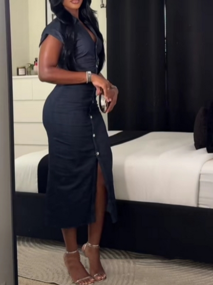 Elegant single-breasted slim-fit denim dress