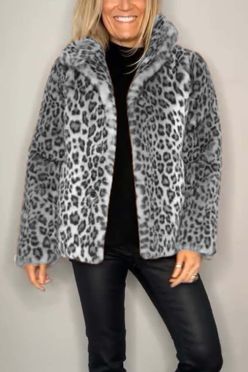 Stylish Leopard Print Lapel Faux Fur Mid-length Coat