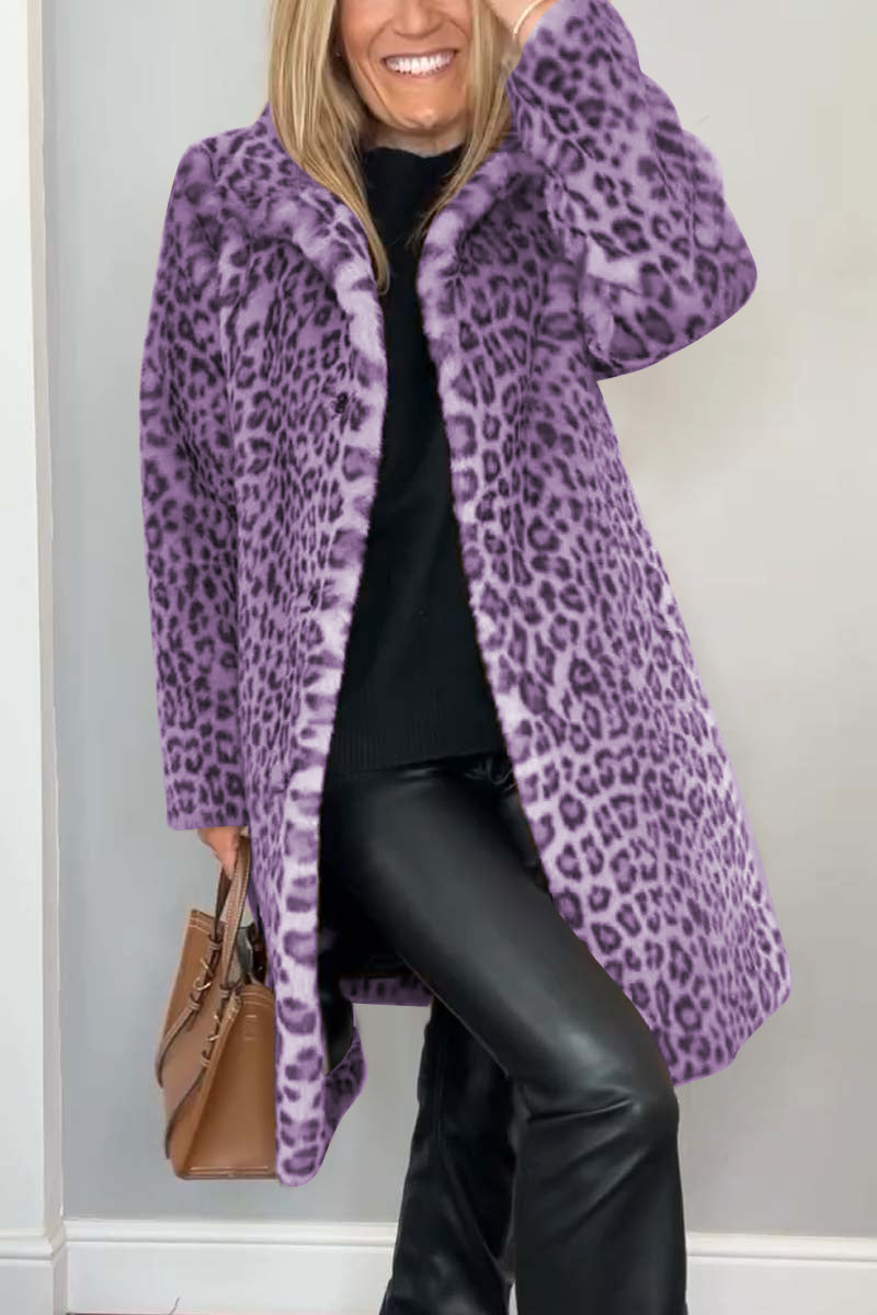 Stylish Leopard Print Lapel Faux Fur Mid-length Coat
